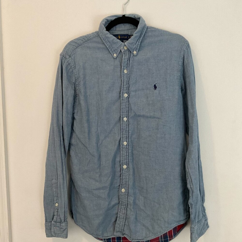 Ralph Lauren Slim Fit Chambray Shirt w/ Plaid Flannel Lining - Denim Blue